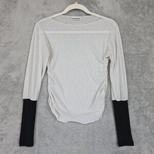 Emanuela Blouse Womens Small White Black Colorblock Ruched Long Sleeve Boat Neck